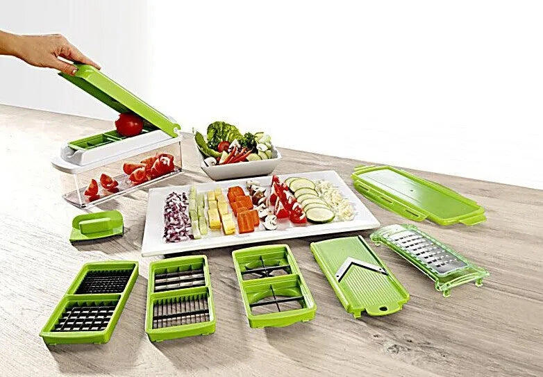 Green 12-piece manual food chopper set with stainless steel blades and ABS plastic body