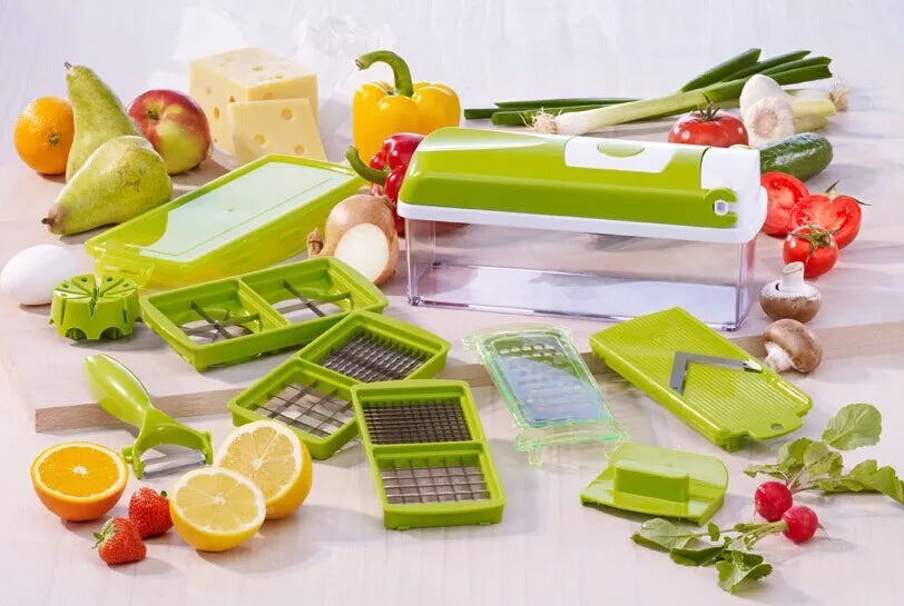 Green 12-piece manual food chopper set with stainless steel blades and ABS plastic body