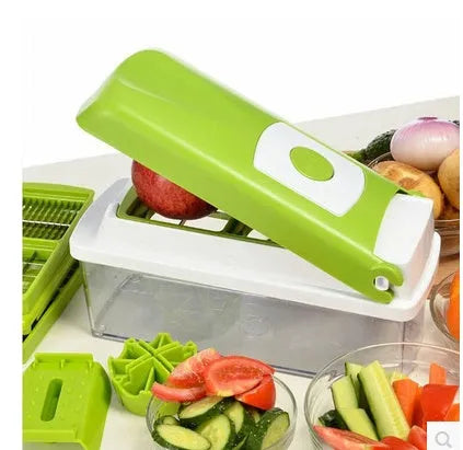 Green 12-piece manual food chopper set with stainless steel blades and ABS plastic body