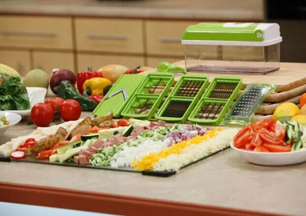Green 12-piece manual food chopper set with stainless steel blades and ABS plastic body