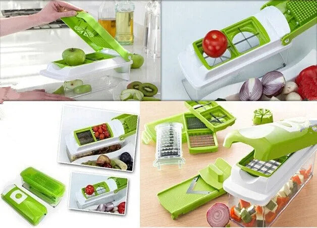 Green 12-piece manual food chopper set with stainless steel blades and ABS plastic body