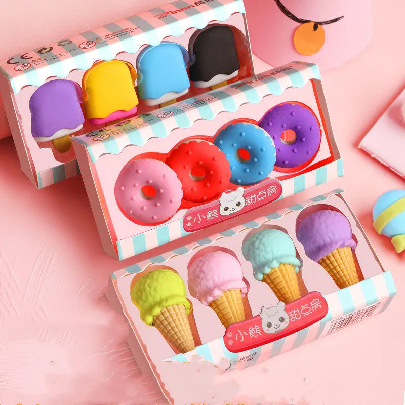Set of 12 colourful cartoon erasers shaped like ice cream cones, lollipops, and donuts for children.