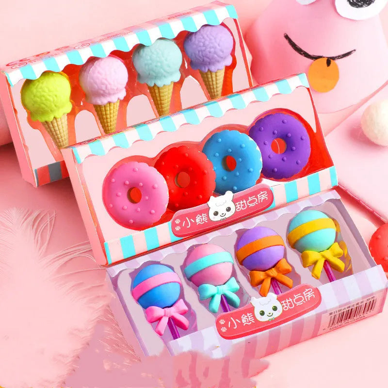 Set of 12 colourful cartoon erasers shaped like ice cream cones, lollipops, and donuts for children.