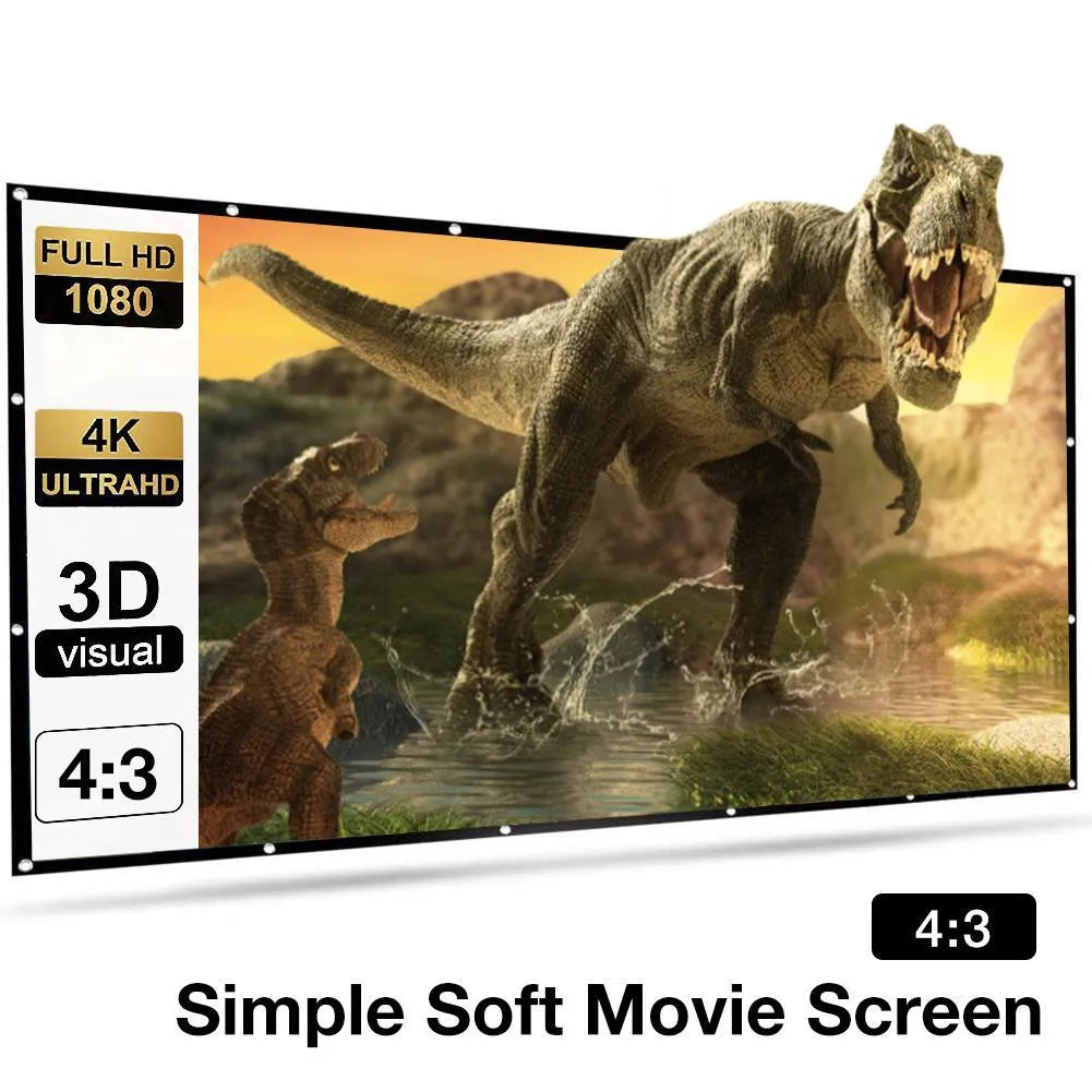 White 150-inch 4:3 folding soft projector screen standing open.