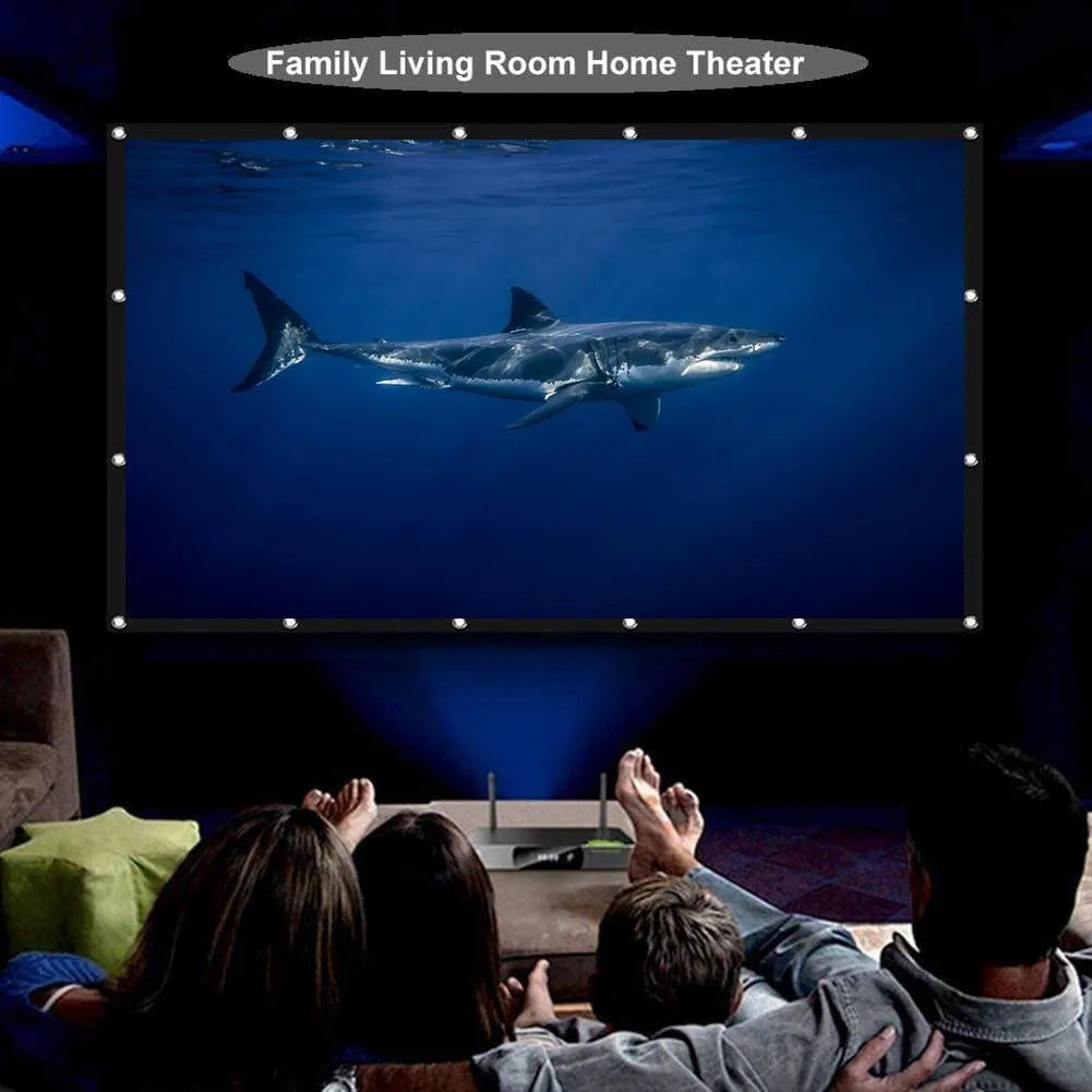 White 150-inch 4:3 folding soft projector screen standing open.