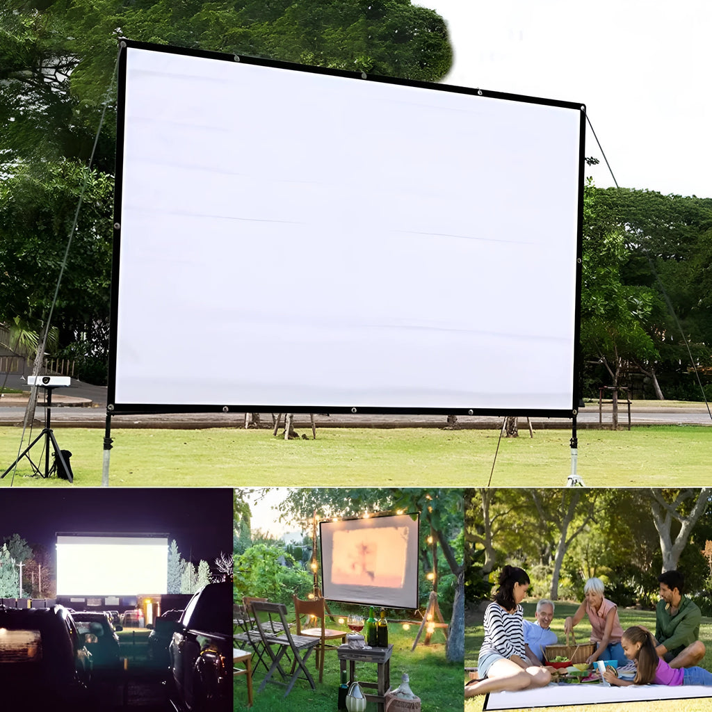 White 150-inch 4:3 folding soft projector screen standing open.