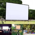 White 150-inch 4:3 folding soft projector screen standing open.