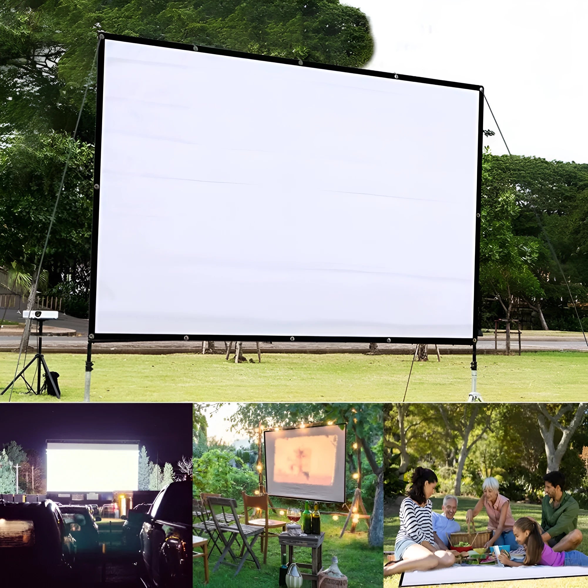 White 150-inch 4:3 folding soft projector screen standing open.