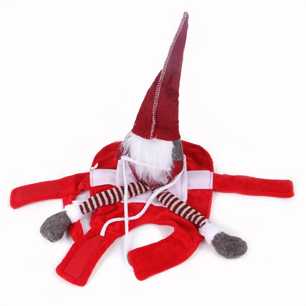 Red Santa Claus pet costume with flannel fabric and Velcro closure for dogs and cats at Christmas