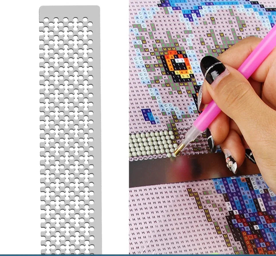 Stainless steel diamond painting ruler with square mesh grid for drill placement.