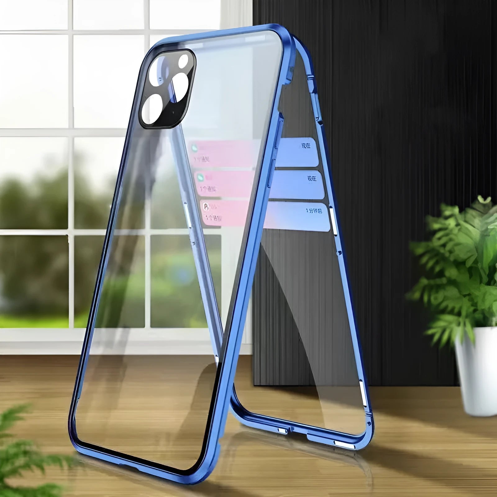 Double-sided tempered glass magnetic phone case with metal frame for iPhone in black colour