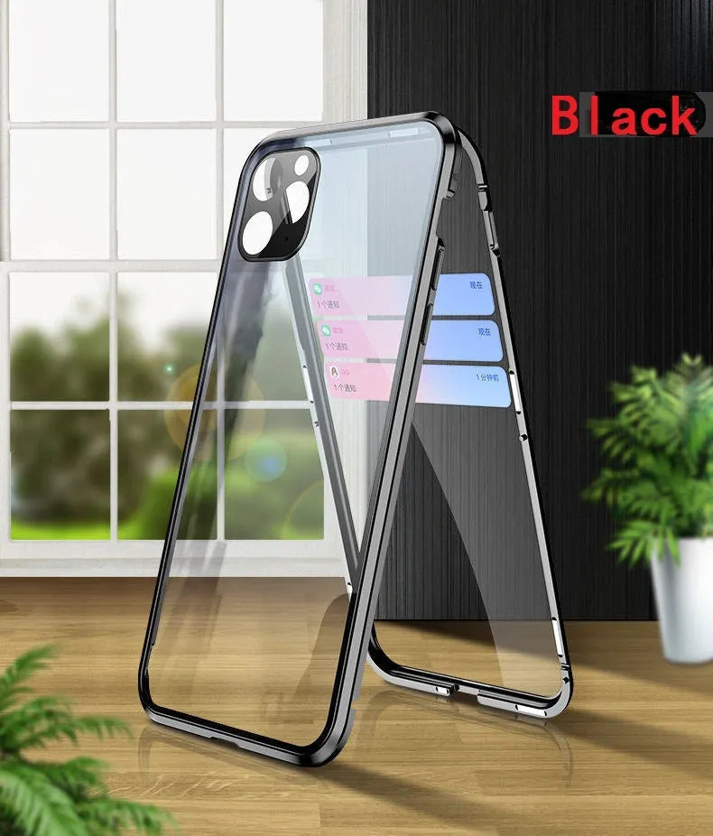 Double-sided tempered glass magnetic phone case with metal frame for iPhone in black colour