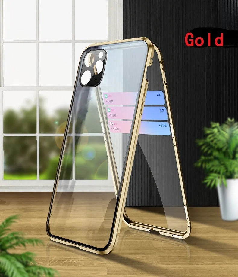 Double-sided tempered glass magnetic phone case with metal frame for iPhone in black colour