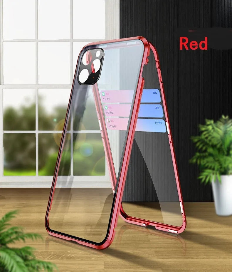 Double-sided tempered glass magnetic phone case with metal frame for iPhone in black colour