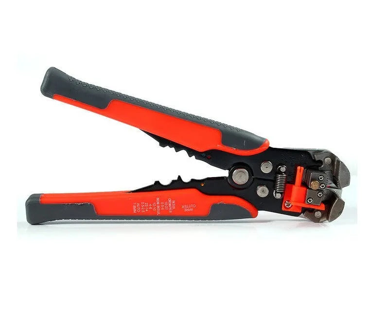 Yellow automatic 3-in-1 wire stripper and crimping pliers tool with adjustment screw.