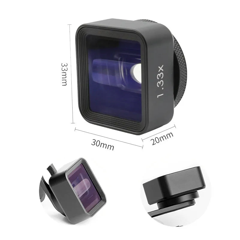 Black SANYK 1.33x anamorphic widescreen lens for mobile phones with 17mm thread.