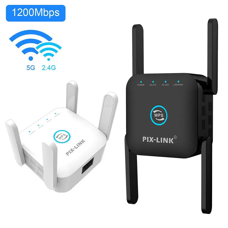 PIXLINK AC24 black and white dual-band wireless WiFi extender router with gigabit speed and lightning protection