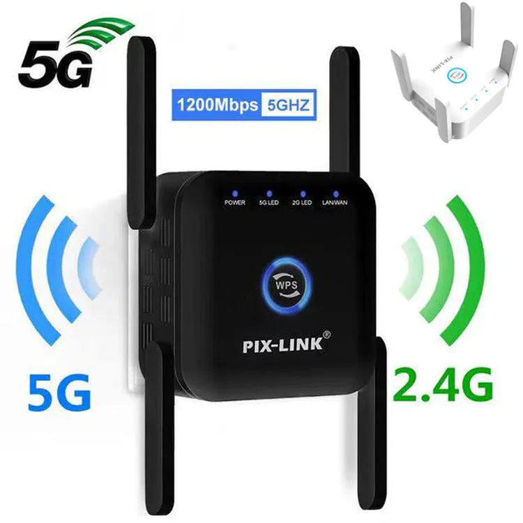 PIXLINK AC24 black and white dual-band wireless WiFi extender router with gigabit speed and lightning protection