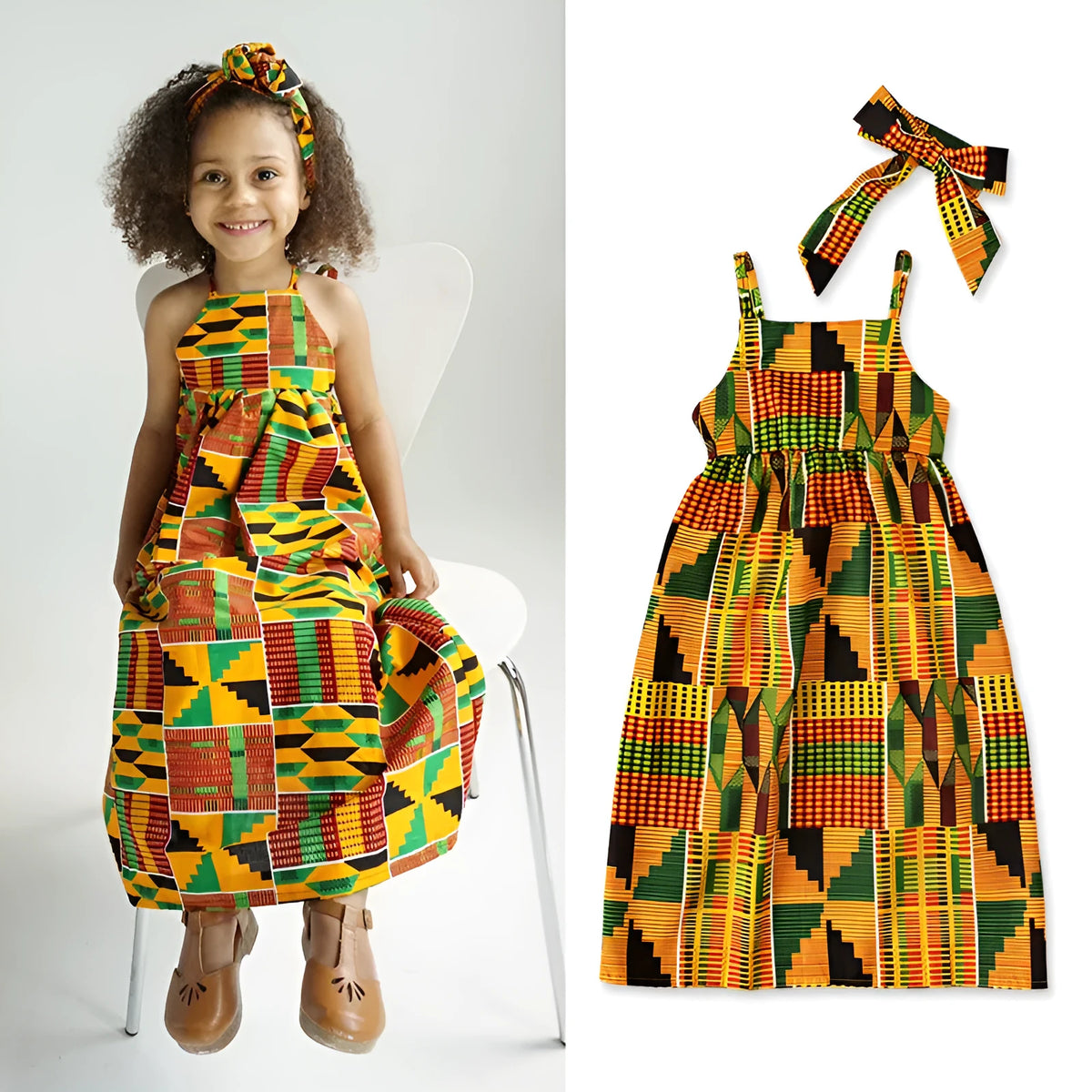 Orange African Bohemian style cotton strapless strappy dress for girls with strappy detailing