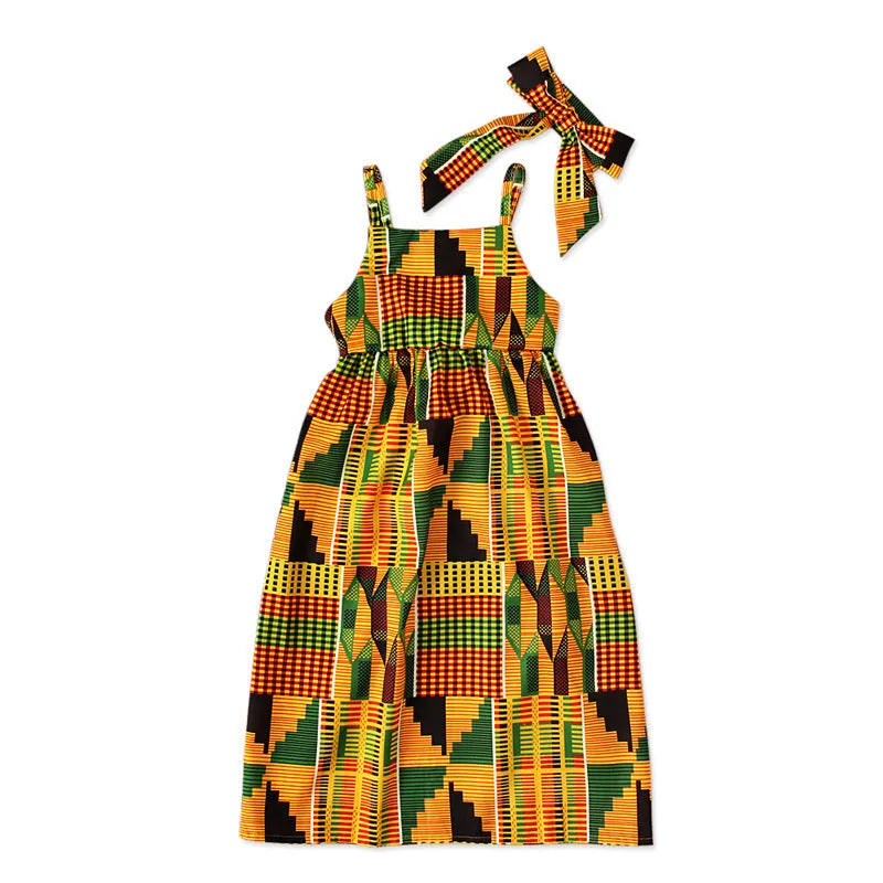 Orange African Bohemian style cotton strapless strappy dress for girls with strappy detailing
