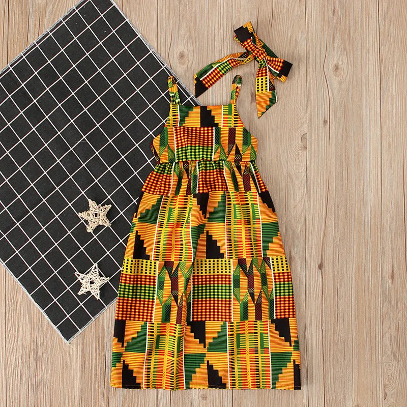 Orange African Bohemian style cotton strapless strappy dress for girls with strappy detailing