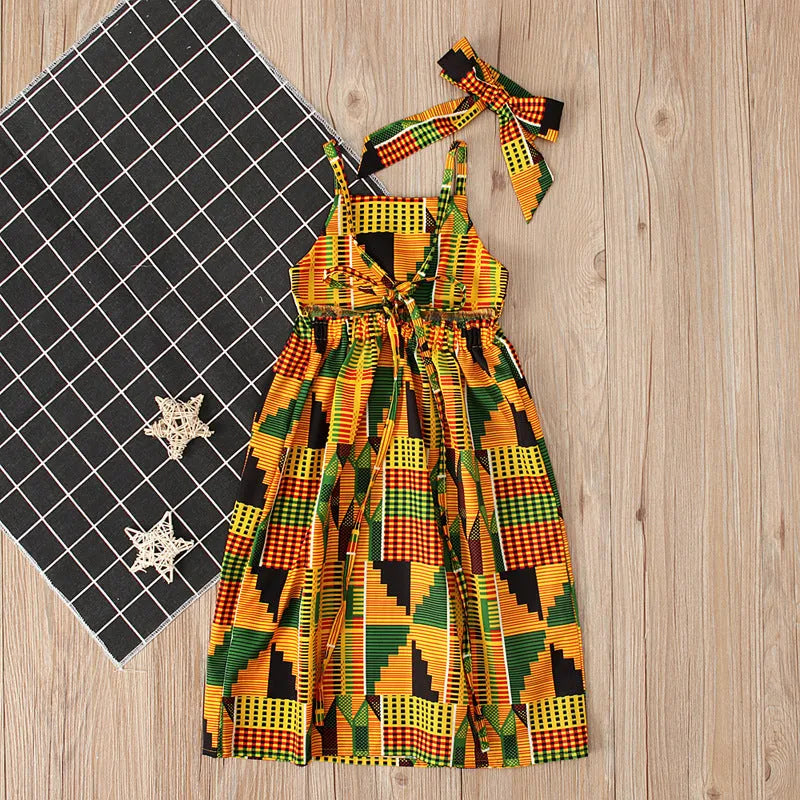 Orange African Bohemian style cotton strapless strappy dress for girls with strappy detailing