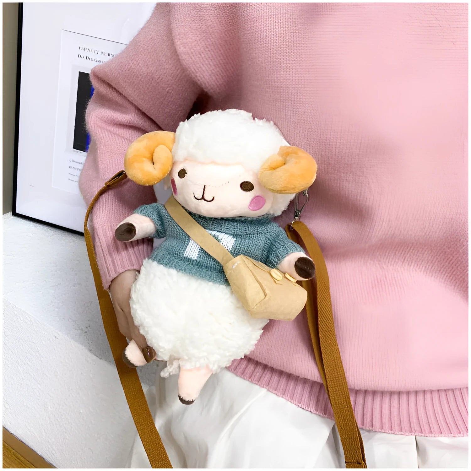 Little Sheep plush crossbody bag showing lamb pattern, square shape, and soft handle in blue colour