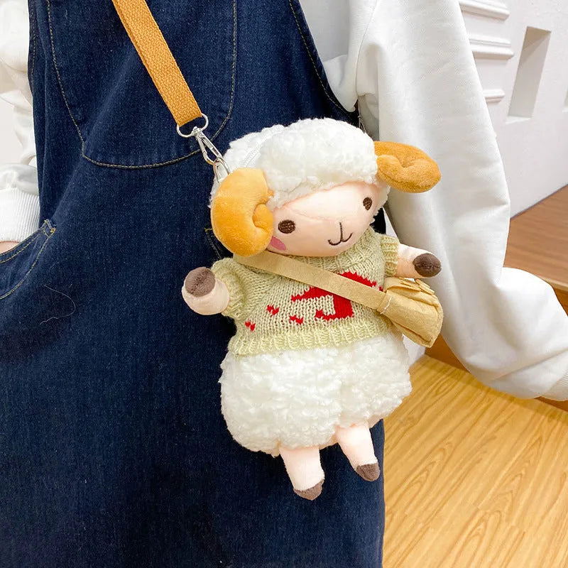 Little Sheep plush crossbody bag showing lamb pattern, square shape, and soft handle in blue colour