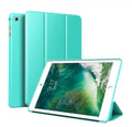Clamshell iPad case with built-in silicone stand shown in multiple colours for 9.7-inch iPad Air and standard models