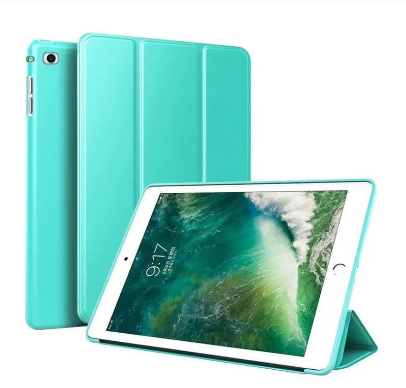Clamshell iPad case with built-in silicone stand shown in multiple colours for 9.7-inch iPad Air and standard models