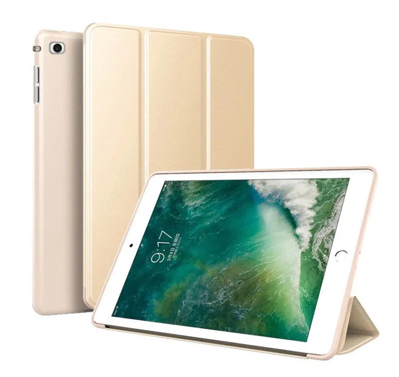 Clamshell iPad case with built-in silicone stand shown in multiple colours for 9.7-inch iPad Air and standard models