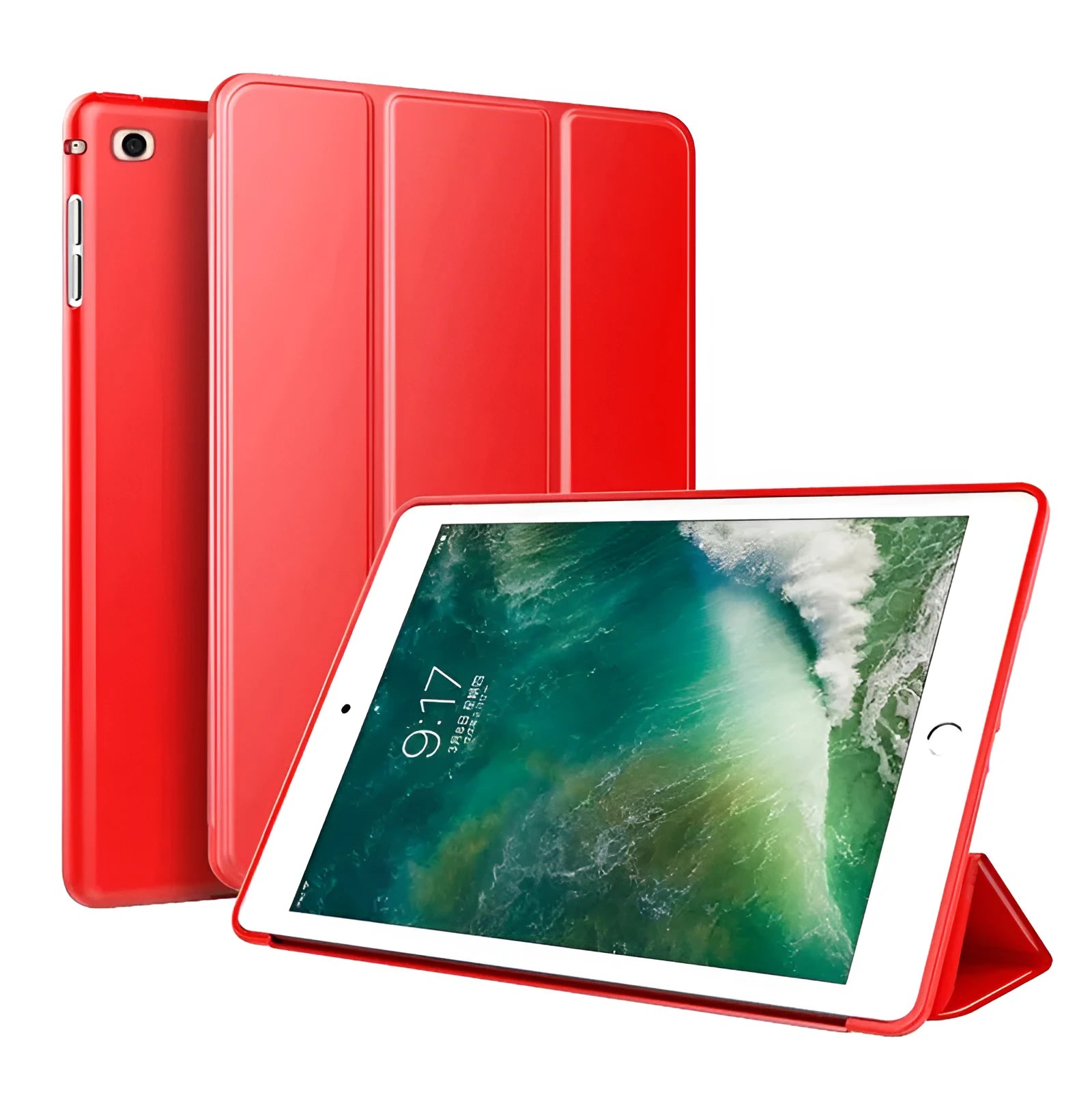 Clamshell iPad case with built-in silicone stand shown in multiple colours for 9.7-inch iPad Air and standard models