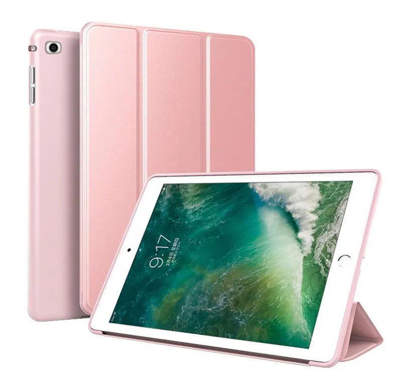 Clamshell iPad case with built-in silicone stand shown in multiple colours for 9.7-inch iPad Air and standard models