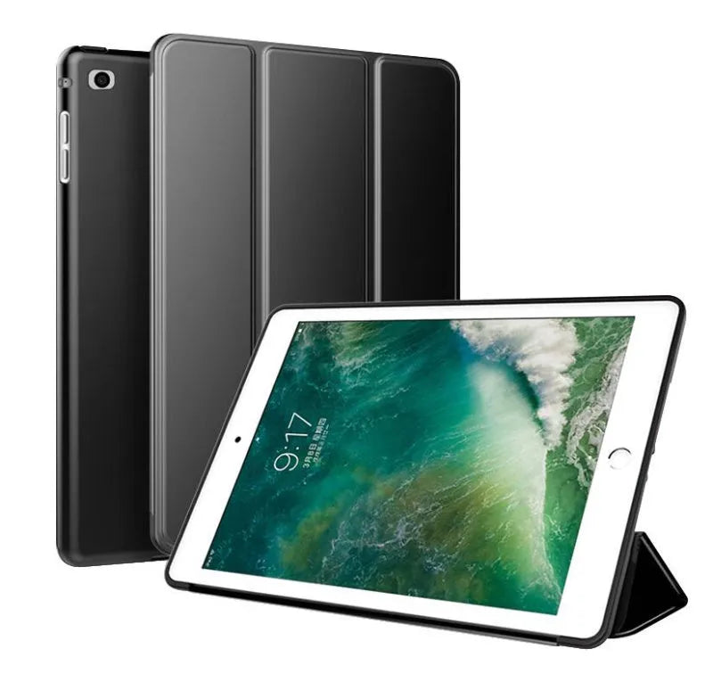 Clamshell iPad case with built-in silicone stand shown in multiple colours for 9.7-inch iPad Air and standard models