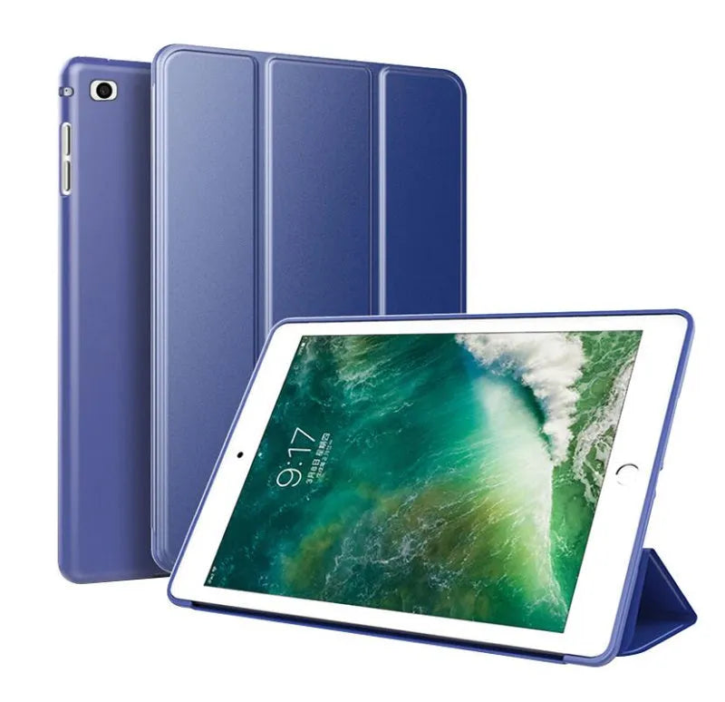 Clamshell iPad case with built-in silicone stand shown in multiple colours for 9.7-inch iPad Air and standard models