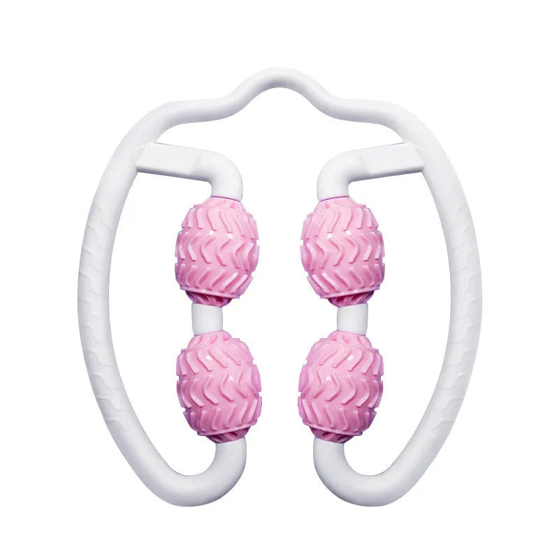 Purple and pink annular silicone leg massage roller for fitness and muscle recovery