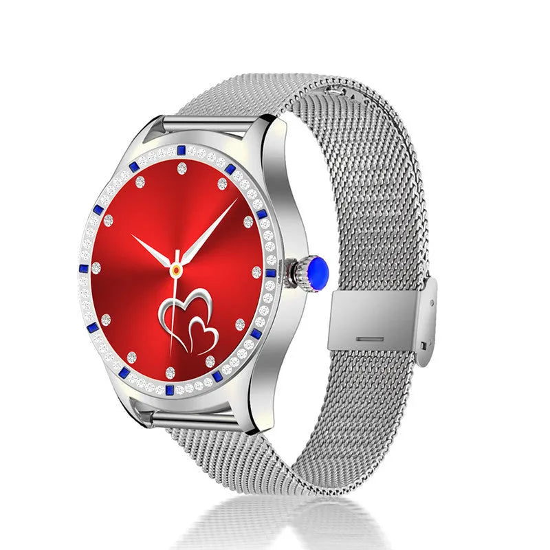 Gold or silver ladies smart watch with 1.28-inch screen showing health monitoring and call interface.