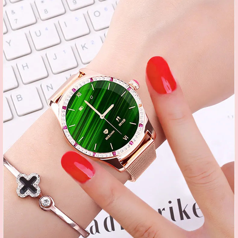 Gold or silver ladies smart watch with 1.28-inch screen showing health monitoring and call interface.