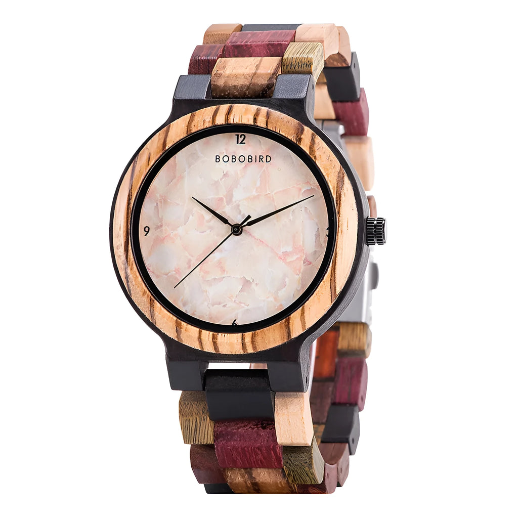 Round wooden watch with 40.5mm dial, quartz movement, and mineral glass mirror on a neutral background
