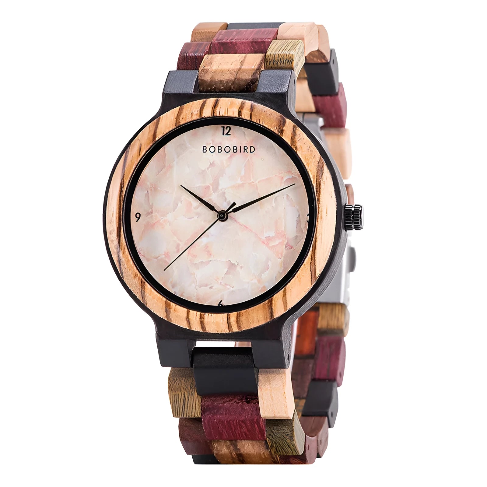 Round wooden watch with 40.5mm dial, quartz movement, and mineral glass mirror on a neutral background