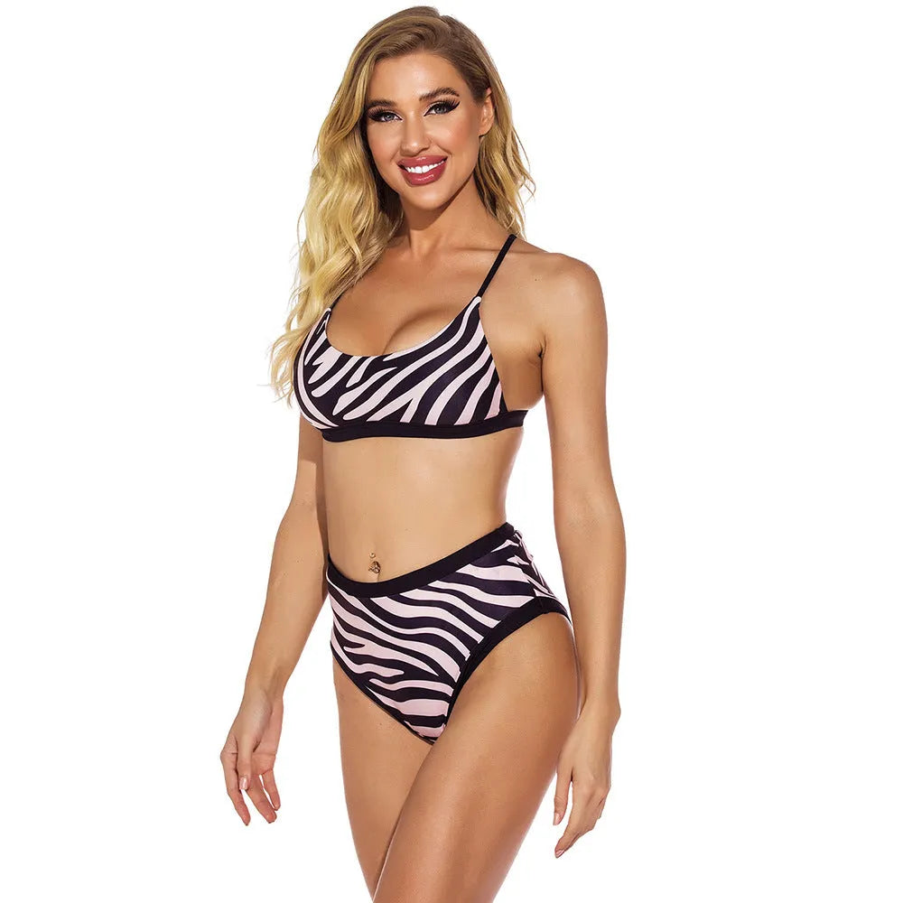 High waist split swimsuit printed bikini in polyester, sleeveless two-piece design, sizes S M L XL