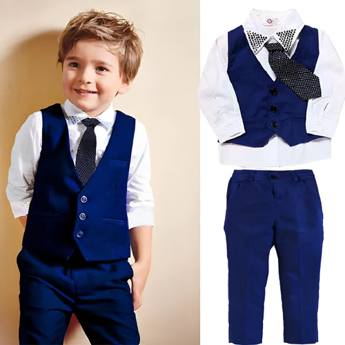 Blue three-piece boys suit with vest, tie, and trousers on a hanger