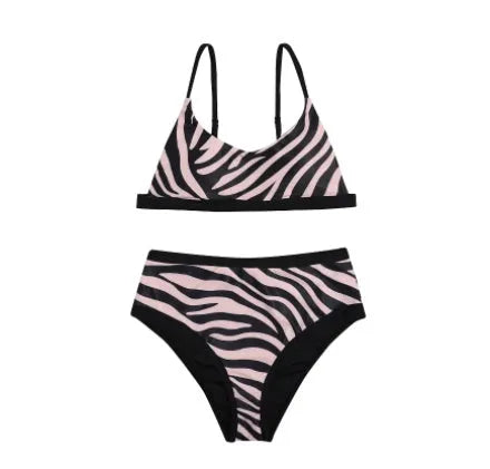 High waist split swimsuit printed bikini in polyester, sleeveless two-piece design, sizes S M L XL