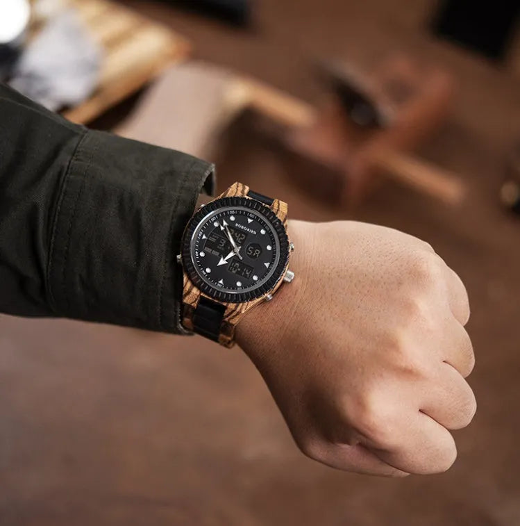 Round wooden watch with 40.5mm dial, quartz movement, and mineral glass mirror on a neutral background