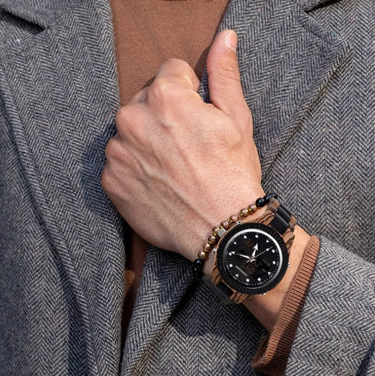 Round wooden watch with 40.5mm dial, quartz movement, and mineral glass mirror on a neutral background