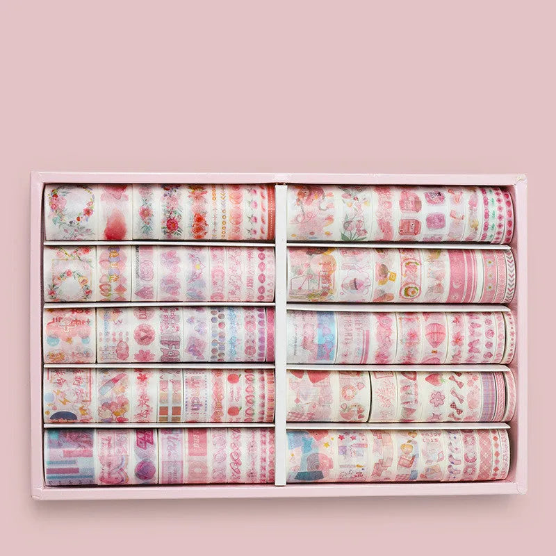 100 rolls of decorative paper tape in antique character and cute colour designs, showing six different width options