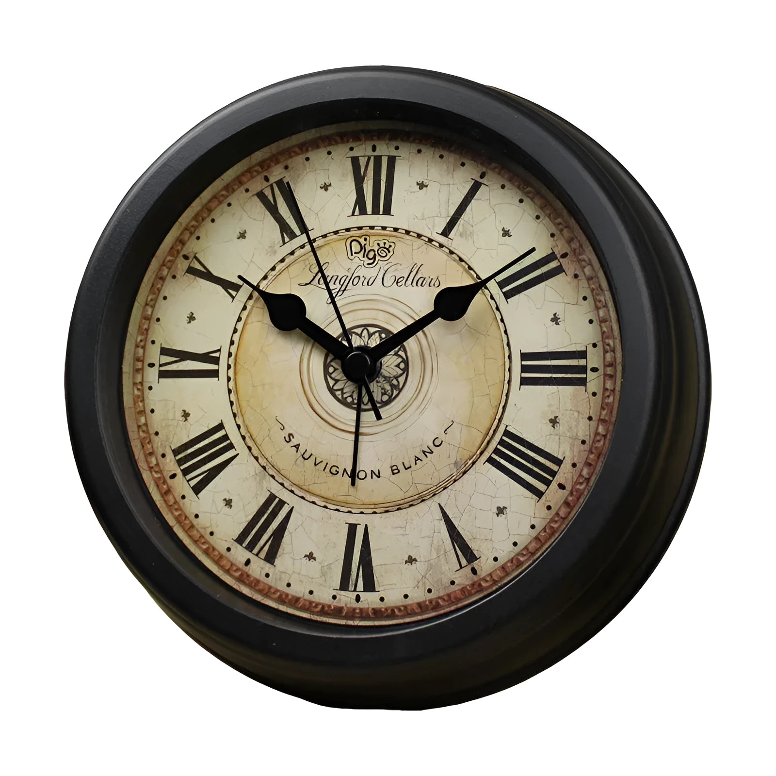 Round European-style retro desk alarm clock with a silent sweep second hand on a wooden desk.