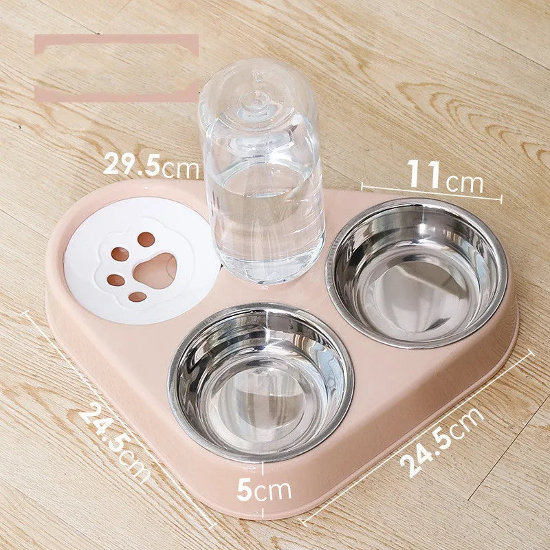 Double bowl automatic dog feeding set with stainless steel inserts in blue colour