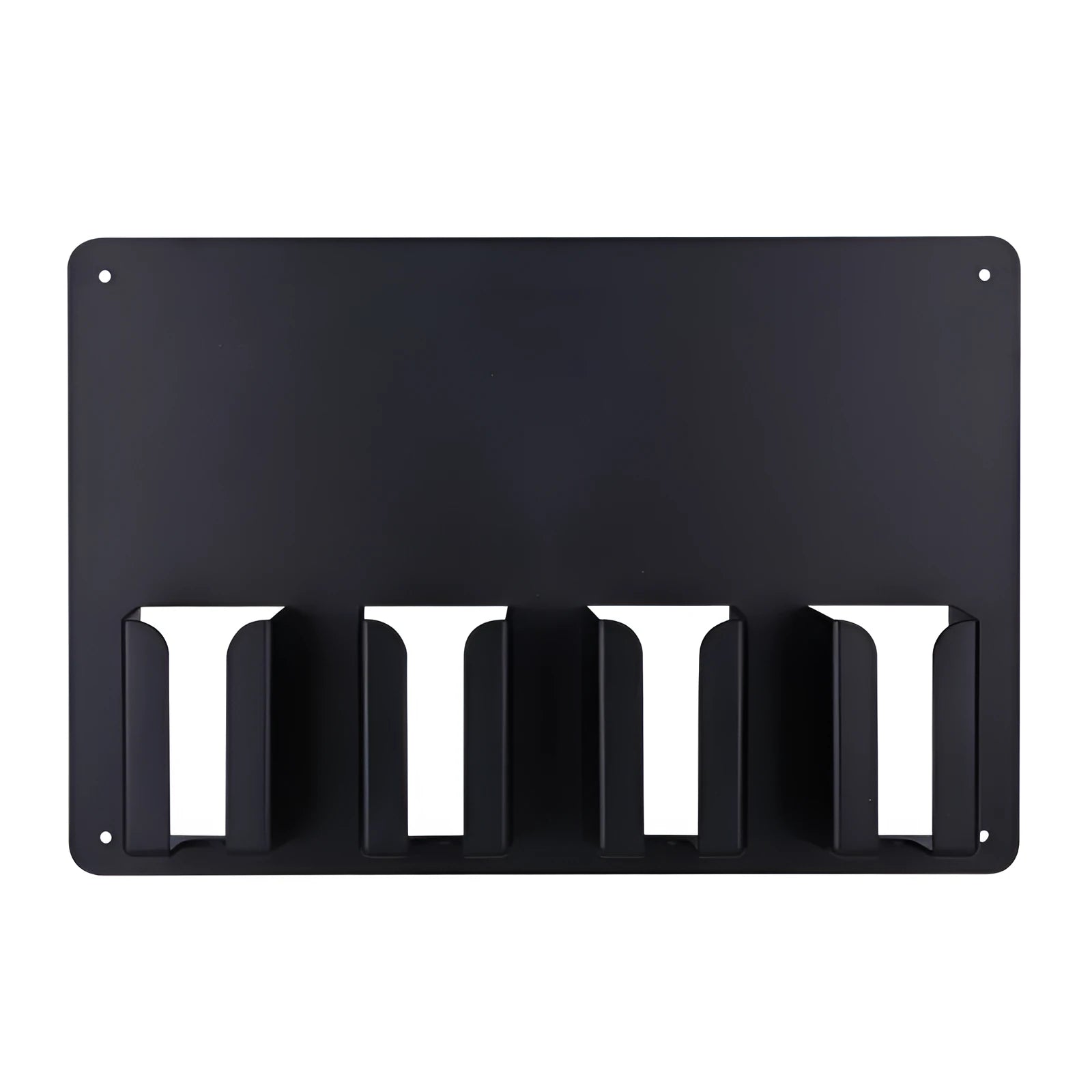 Black plastic wall-mounted rack holding four hair clippers with screws for assembly
