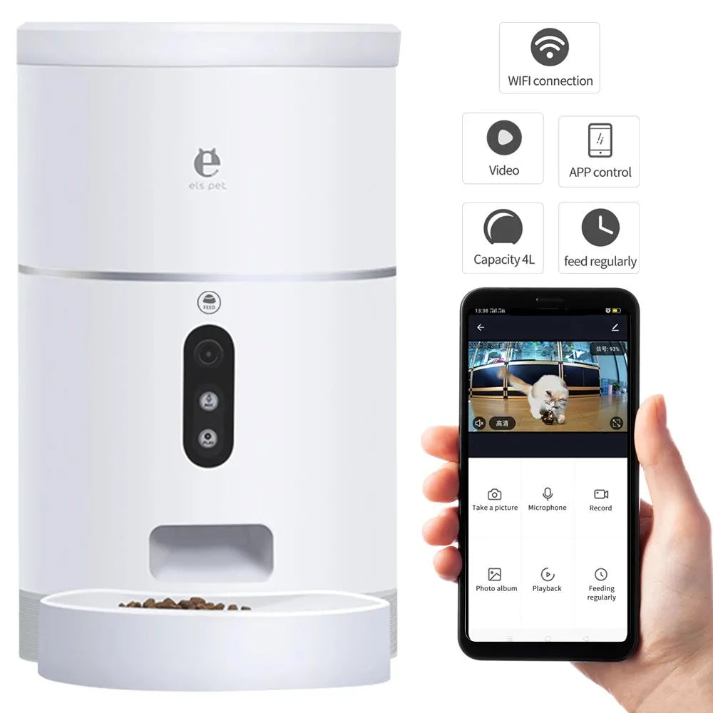 White ABS automatic pet feeder, 4L capacity, 31cm high, with 1080P camera and 113° wide-angle view for dry food.